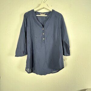 Royal Robbins Womens Blue 3/4 Sleeve Embroidered Henley Tunic Top Medium Casual